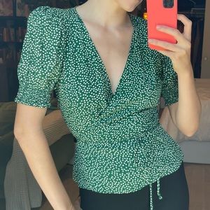 Reformation - Size Small - Green Small Floral Wrap Top with Ruched Sleeve